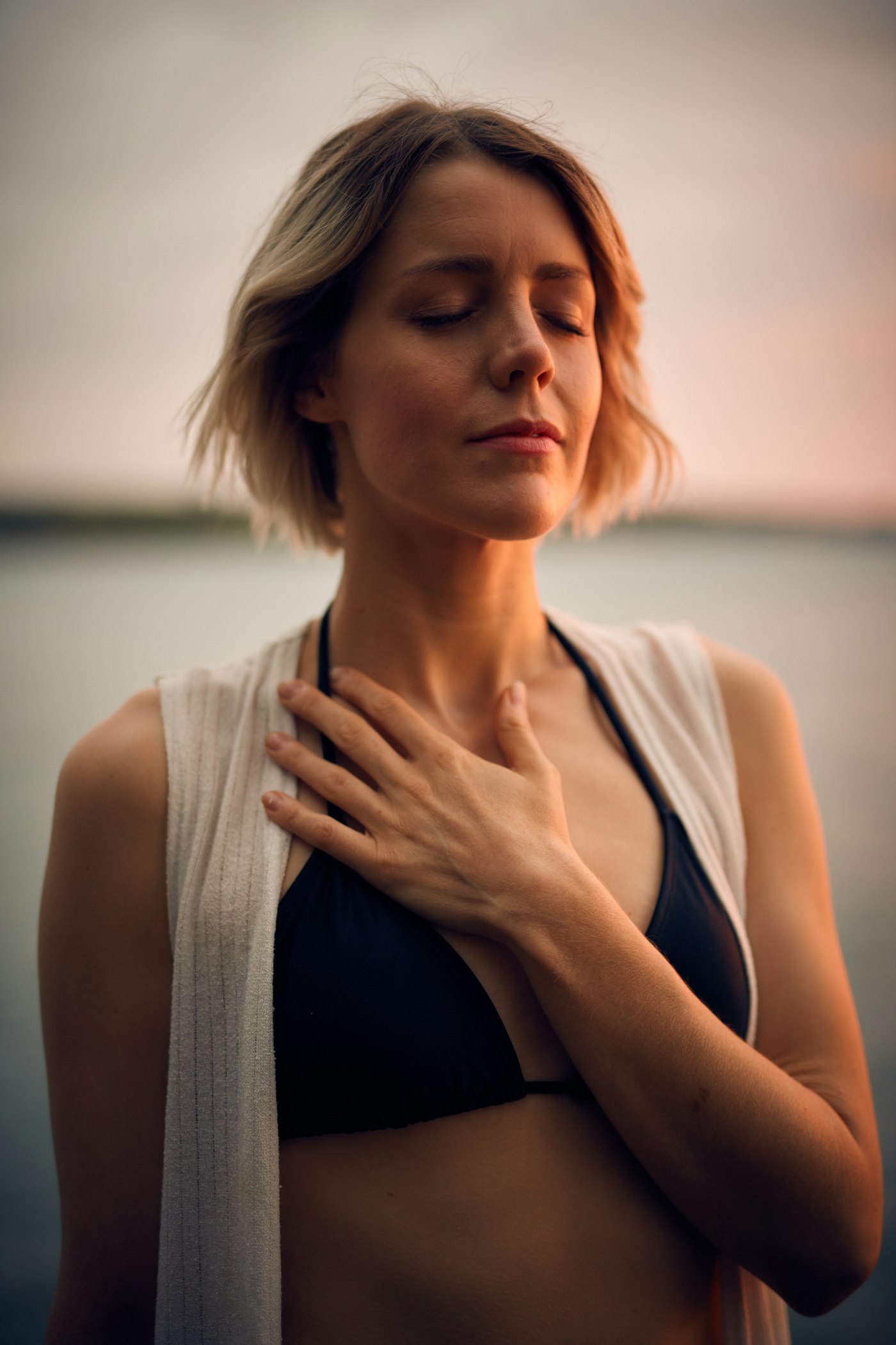 Woman at peace in warm light