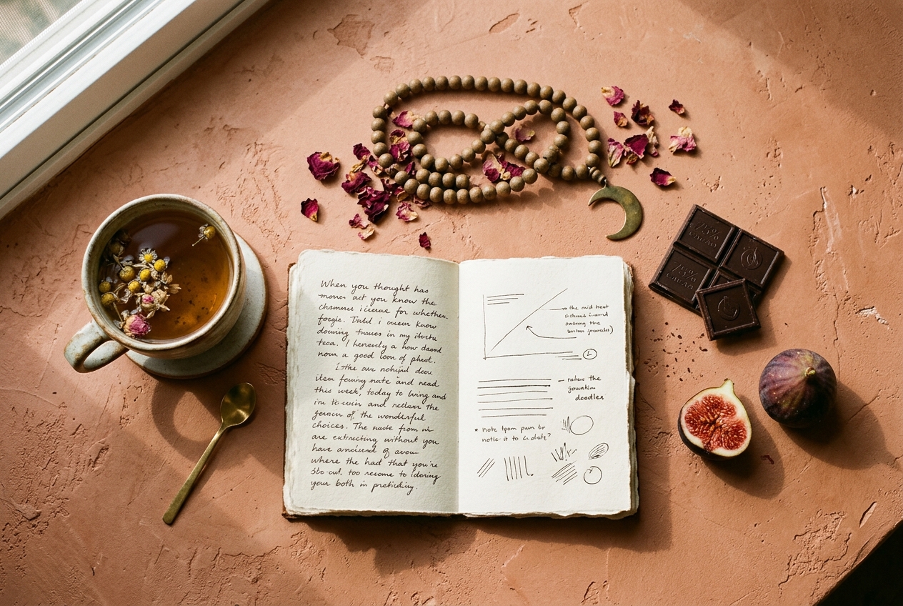 Morning ritual with tea, journal and prayer beads